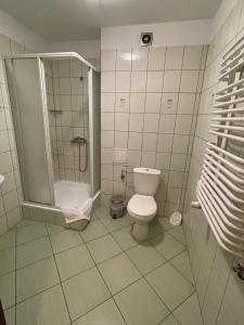 a bathroom with a shower and a toilet in it at Hotel Omega in Ostrów Wielkopolski