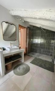 y baño con lavabo y ducha con espejo. en Domaine de Bonelli, en Conqueyrac
