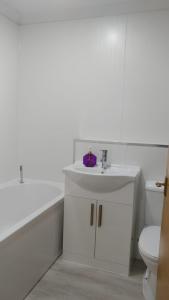 a white bathroom with a sink and a toilet at Dunoon Gourock Inverkip Apartment in Gourock