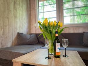 a bottle of wine and two wine glasses on a table at Domek Letniczówka in Olsztynek