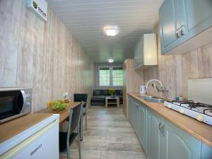 a kitchen with blue cabinets and a counter top at Domek Letniczówka in Olsztynek