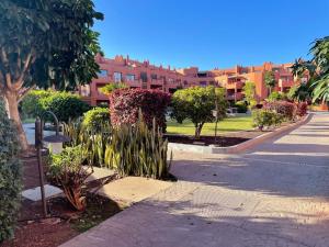 Cozy apartment with large terrace next to the pool في La Tejita: حديقة فيها اشجار ونباتات على شارع المدينة