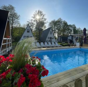 una piscina con sillas y flores en un patio en Soul Camp Nowęcin, en Łeba