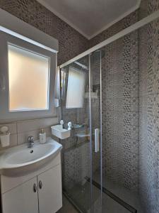 uma casa de banho com um lavatório e um chuveiro em Poppy Apartments Zagreb (MINT) em Zagreb