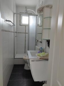 a bathroom with a sink and a toilet and a shower at Ferienwohnung mit Meerblick in Dahme