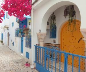 a street in positano with blue and white buildings at Coup de cœur à Sidi Bou Said in Sidi Bou Saïd