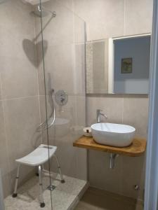 y baño con lavabo y ducha acristalada. en Affittacamere Da Euro, en La Spezia