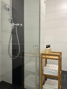 eine Dusche mit Glastür neben einem Haufen Handtücher in der Unterkunft Wanderlust Petrisberg - Studio 54 in Trier