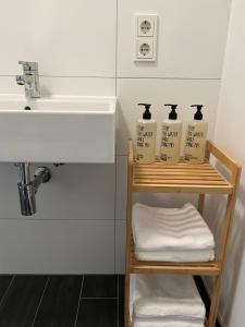 baño con lavabo y estante con toallas en Wanderlust Petrisberg - Studio 54, en Trier