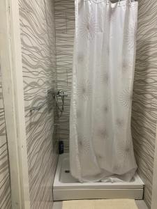 La salle de bains est pourvue d'une douche avec un rideau de douche blanc. dans l'établissement Garsonjera Dunja, à Novi Sad