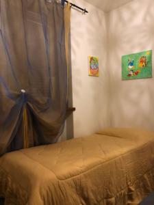 ein Schlafzimmer mit einem Bett mit Vorhang und zwei Bildern in der Unterkunft CASA CARLOTTA Casa Vacanze in Arezzo