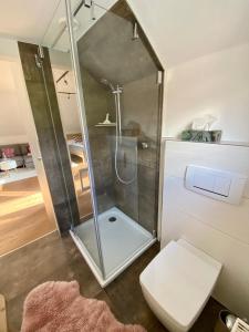 a bathroom with a shower with a toilet at Studio Rittisberg im Haus Sonnleitner in Ramsau am Dachstein