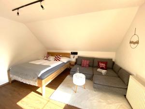 a bedroom with a bed and a couch in a room at Studio Rittisberg im Haus Sonnleitner in Ramsau am Dachstein