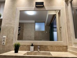 a bathroom with a sink and a large mirror at Sunny/stylish rooftop home/private balcony shared jacuzzi in Budapest