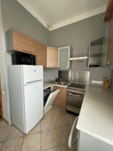 Il comprend une cuisine équipée d'un réfrigérateur blanc et d'une cuisinière. dans l'établissement Apartament Polna 48, à Poznań
