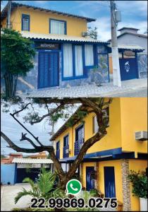 two pictures of a house with blue and yellow at Pousada Maresias de Geribá in Búzios