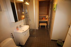 a small bathroom with a sink and a toilet at MajoitusYkkönen in Raahe