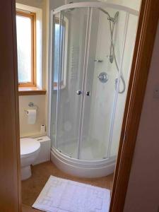 a bathroom with a shower and a toilet at Apartment 500 - Metro style apartment on NC500 in Thurso