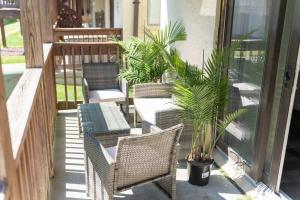 a porch with chairs and a table and palm trees at North Ocean city newly Remodeled in Ocean City