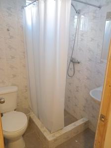 a bathroom with a shower with a toilet and a sink at Alojamiento casa en Toconao, chile in Toconao