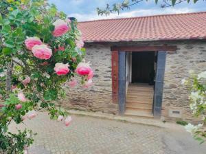 Um edifício com um monte de rosas cor-de-rosa à frente. em Casa de Campo - Casa da Ribeira 