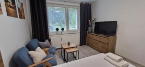 a living room with a tv and a couch and a chair at Apartament w Śródmieściu in Sanok