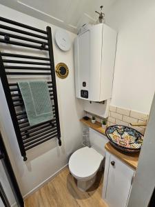 a small bathroom with a toilet and a sink at Gatwick Hideaway Hut in Charlwood