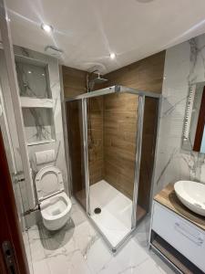 a bathroom with a shower and a toilet and a sink at Apartman Mina in Požarevac +22 photos