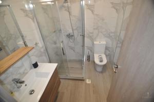 a bathroom with a shower and a toilet and a sink at Zennova #24, FLOW Nikiti Family Apt in Nikiti +17 photos