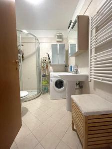 a bathroom with a sink and a washing machine at LunaSole Casa vacanza mare in Aprilia Marittima