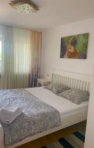 1 dormitorio con 1 cama con una pintura en la pared en Apartament Carolina Parc en Alba Iulia