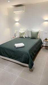 1 cama grande con edredón verde en una habitación en Les Oliviers en Arlés