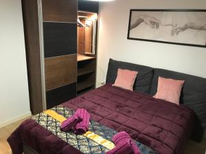 een slaapkamer met een bed met paarse lakens en roze kussens bij BLUE WEIS SUPERIOR in Drancy