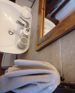 ein Waschbecken mit einem Handtuch neben dem Spiegel in der Unterkunft Casa Delle Olive in Mošćenička Draga