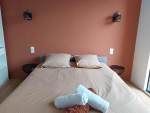- une chambre avec un lit avec deux animaux rembourrés dans l'établissement La Villa Bompard*** 50m² Cœur de ville avec terrasse, à Rodez