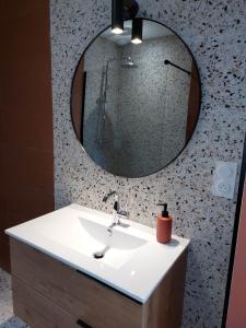 y baño con lavabo blanco y espejo. en La Villa Bompard*** 50m² Cœur de ville avec terrasse en Rodez