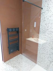 La salle de bains est pourvue d'une douche en verre et d'un lavabo. dans l'établissement La Villa Bompard*** 50m² Cœur de ville avec terrasse, à Rodez