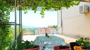 uma mesa com um gato sentado em cima de uma varanda em Apartment Olea em Kastav