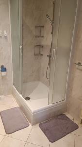 um chuveiro numa casa de banho com dois tapetes em Apartment Olea em Kastav
