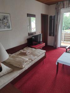a bedroom with a large bed and a red carpet at Hotel Aura am Schloss in Bad Pyrmont