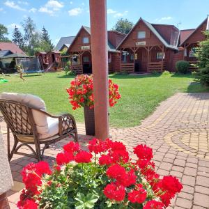 a bench and red flowers in front of a pole at Pokoje i Domki Nadmorskie - Bajkowa Mierzeja in Stegna