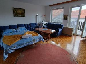 a living room with a blue couch and a table at Urban oasis in Cazin in Cazin