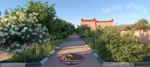 einen Garten mit weißen Blumen und Bäumen auf einem Gehweg in der Unterkunft Dar Alfourssane Ferme d’hôte in Ouarzazate