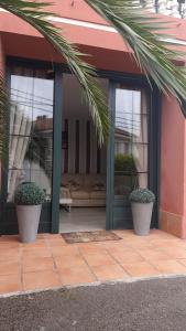 two potted plants sitting in front of a building at Mirador del Cantábrico in Lastres