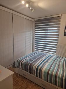 a bedroom with a bed in front of a window at Apartman LUX BRUS in Brus