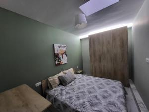 a bedroom with a bed and a green wall at MT APARTMENTS SUNSET in Neoi Epivates