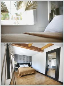 two pictures of a bedroom with a bed and a window at Nora Sky in Nida