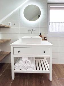 W białej łazience znajduje się umywalka i lustro. w obiekcie Apartmán Na vinařské stezce w mieście Velké Bílovice