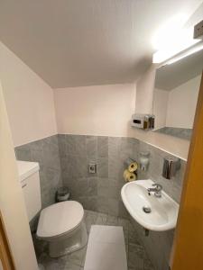 a bathroom with a white toilet and a sink at Pension Vera in Vienna