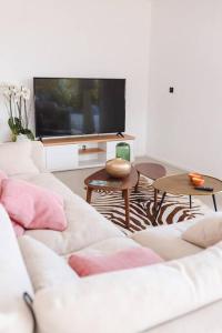 TV a/nebo společenská místnost v ubytování Villa luxe avec piscine et belle vue mer